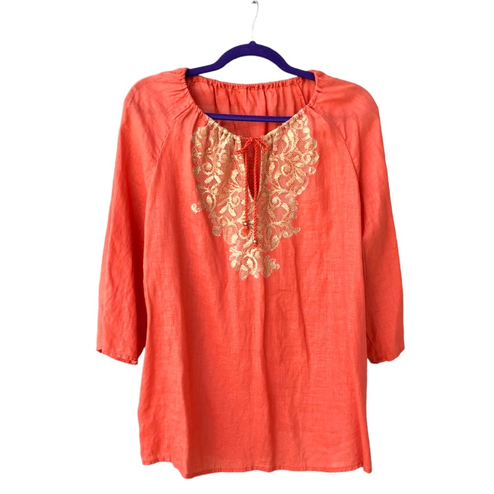 93 • Unbranded Boho Orange Gypsy Top With Lace Neck Details w/Pull Strings (1X)